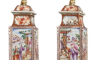 A PAIR OF CHINESE EXPORT MANDARIN PALETTE LOZENGE VASES AND COVERS