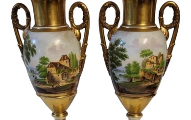A PAIR OF EARLY 19TH CENTURY CONTINENTAL PORCELAIN CAMPANA S...