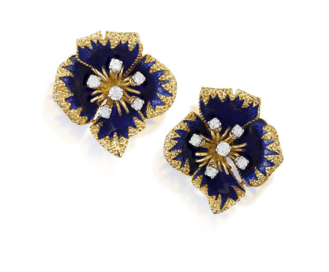 A PAIR OF ENAMEL AND DIAMOND EARCLIPS, BY...