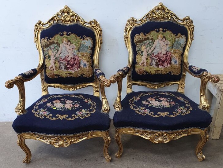 A PAIR OF GILT FRAMED FRENCH STYLE ARM CHAIRS