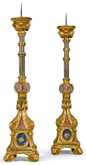 A PAIR OF ITALIAN GILT-BRONZE MOUNTED, GLASS AND HARDSTONE CANDLESTICKS, ROME MID-19TH CENTURY