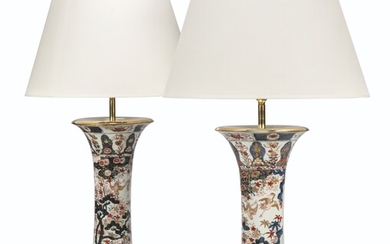 A PAIR OF JAPANESE IMARI TRUMPET VASES, MOUNTED AS LAMPS