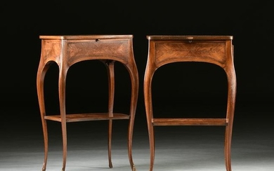 A PAIR OF LOUIS XV STYLE TULIPWOOD AND MARQUETRY INLAID
