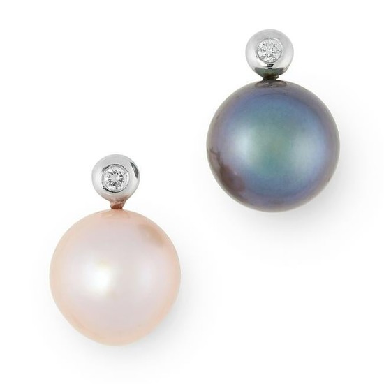 A PAIR OF PINK AND BLACK PEARL AND DIAMOND EARRINGS
