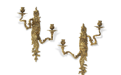 A PAIR OF REGENCE LACQUERED BRONZE TWO-LIGHT WALL LIGHTS CIRC...