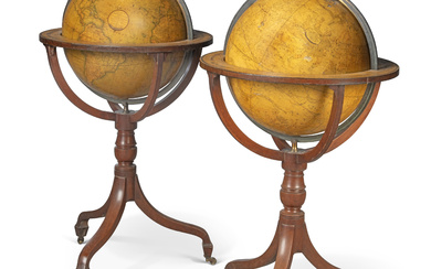 A PAIR OF REGENCY 18-INCH LIBRARY GLOBES JOHN AND WILLIAM...