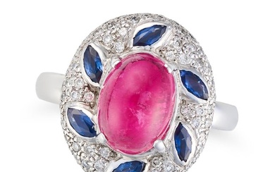 A PINK TOURMALINE, SAPPHIRE AND DIAMOND DRESS RING in 18ct white gold, set with an oval cabochon