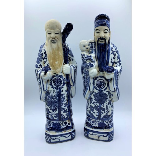 A Pair of Chinese Ceramic Figures Blue and White Glazed 32.5...