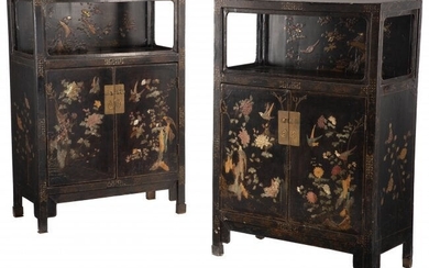 A Pair of Chinese Inlaid Hard Stone Lacquer Cabi