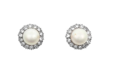 A Pair of Cultured Pearl and Diamond Cluster Earrings the...