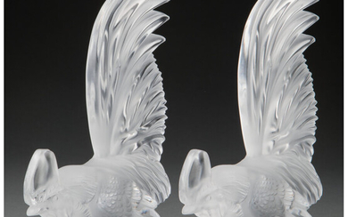 A Pair of Lalique Clear and Frosted Glass Coq Nain Mascots (post-1945)