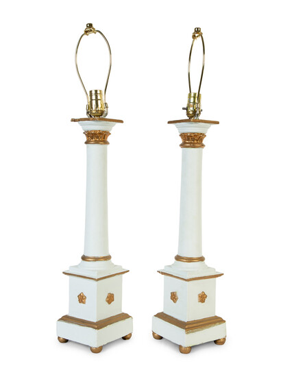 A Pair of Swedish Neoclassical Style Painted Wood Columnar-Form Table Lamps