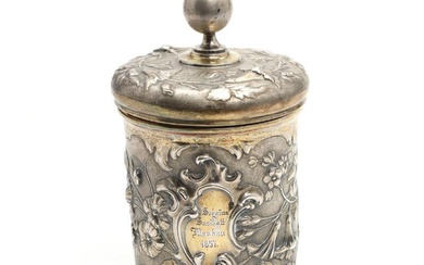 A Russian lidded cup of part gilt silver. Engraved Sergius Sasikott, 1857....