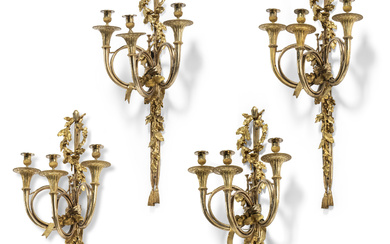 A SET OF FOUR EMPIRE ORMOLU THREE-BRANCH WALL-LIGHTS EARLY 19TH CENTURY, AFTER THE MODEL BY EDME JEAN GALLIEN AND PIERRE BUREAUX