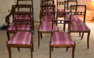 A SET OF TEN ANTIQUE MAHOGANY DINING CHAIRS with