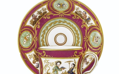 A SEVRES (HARD PASTE) CLARET AND MINT-GREEN GROUND COFFEE-CAN AND SAUCER (GOBELET 'LITRON' ET SOUCOUPE, 4EME GRANDEUR), CIRCA 1785, CROWNED PINK INTERLACED L'S, PAINTER'S MARK FOR L.-F. L'ECOT, THE CUP INCISED SN, THE SAUCER INCISED JDD