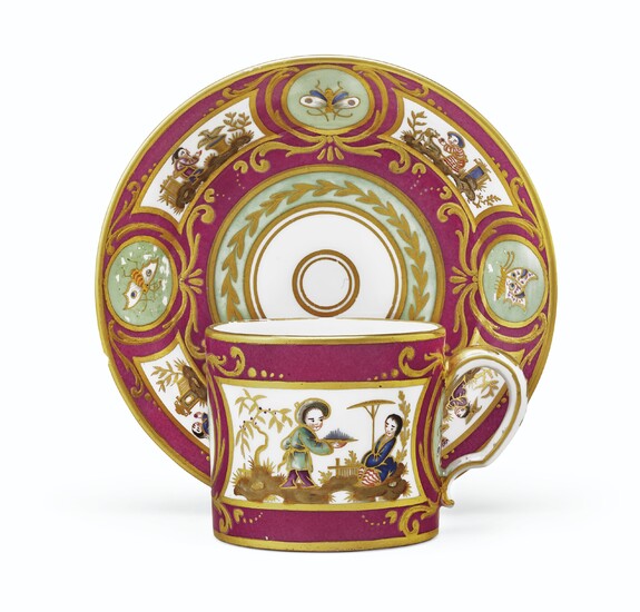 A SEVRES (HARD PASTE) CLARET AND MINT-GREEN GROUND COFFEE-CAN AND SAUCER (GOBELET 'LITRON' ET SOUCOUPE, 4EME GRANDEUR), CIRCA 1785, CROWNED PINK INTERLACED L'S, PAINTER'S MARK FOR L.-F. L'ECOT, THE CUP INCISED SN, THE SAUCER INCISED JDD