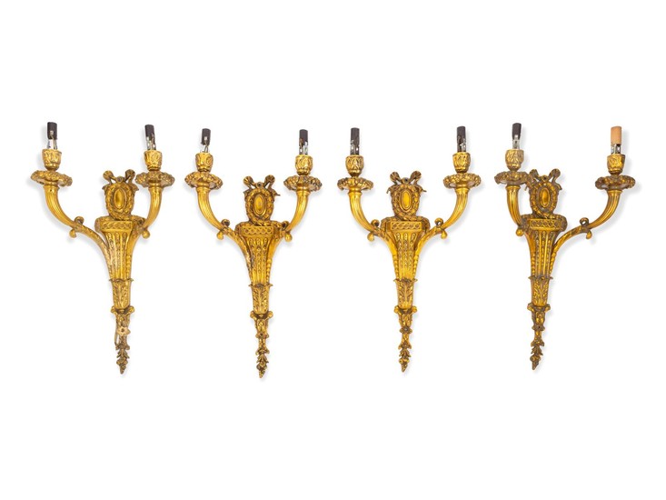 A Set of Four Louis XVI Style Gilt Bronze Two-Light Sconces