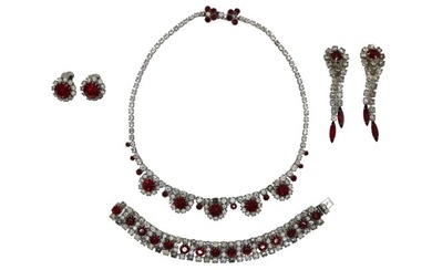 A Set of Silver Tone Red Rhinestone Jewelry (Necklace, Bracelet, 2 Pieces Earrings)