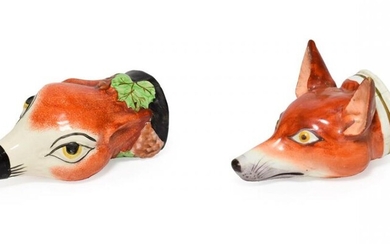 A Staffordshire Pottery Fox Mask Stirrup Cup, mid 19th century,...