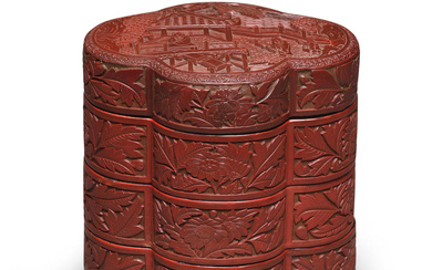 A THREE-TIER CARVED CINNABAR LACQUER QUATREFOIL BOX AND COVER 16th...