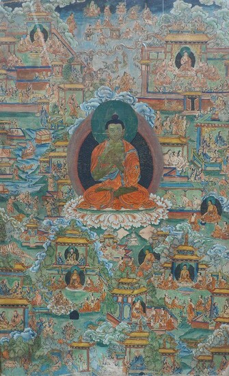 A Tibetan Thangka, early 20th century, hand painted on linen, depicting Shakyamuni Buddha in the centre, surrounded by various incarnations of associated deities, framed, 110cm x 76cm; together with decorative Chinese school panel, 20th century...