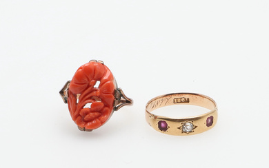 A VICTORIAN 18CT GOLD, RUBY AND DIAMOND GIPSY SET RING AND A CARVED CORAL RING.