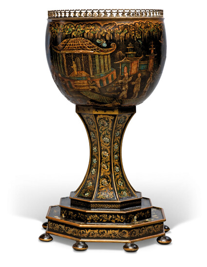 A VICTORIAN BLACK, GILT AND POLYCHROME-DECORATED TOLE JARDINIERE
