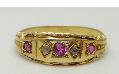 A Victorian 18ct gold, ruby and diamond ring, 2.5g, R