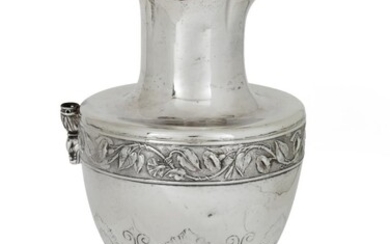 A William IV silver coffee-jug, stand and burner, London, 1836, William Bateman II, the jug raised on a quatrefoil pierced round foot to vase-shaped body with chased foliate band to shoulder, the hinged lid to ivory finial and stylised serpent...