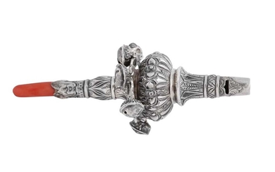 A William IV sterling silver and coral babies rattle, London 1832 by Charles Reily & George Storer