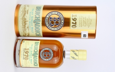 A bottle of 1970 distilled Bruichladdich Islay Single Malt Scotch whiskey.