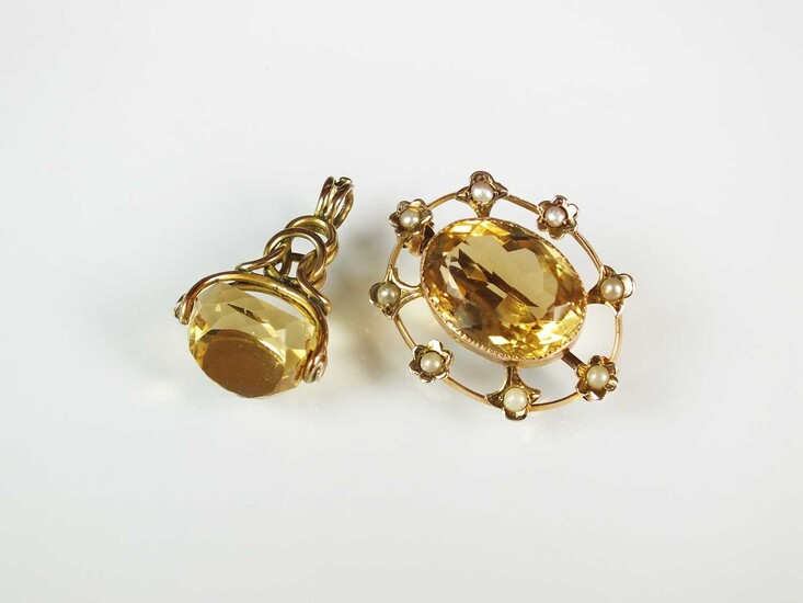 A citrine and split pearl brooch and a swivel fob