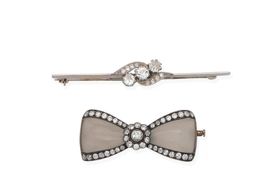 A diamond and rock crystal bow brooch, circa 1900, and a diamond bar brooch
