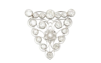A diamond cluster brooch, millegrain set with eighteen old cut...