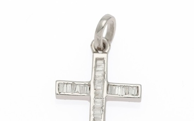 A diamond pendant in shape of a cross set with numerous baguette-cut and trapez-cut diamonds, mounted in 14k white gold.