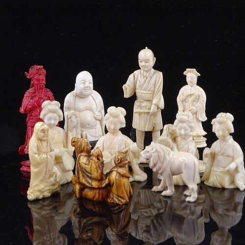 A group of 19th century Japanese ivory carvings, okimono, ne...