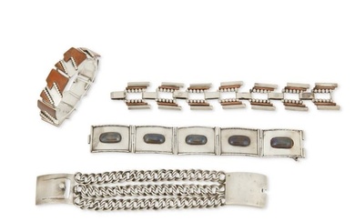 A group of Hector Aguilar Mexican silver and mixed metal bracelets