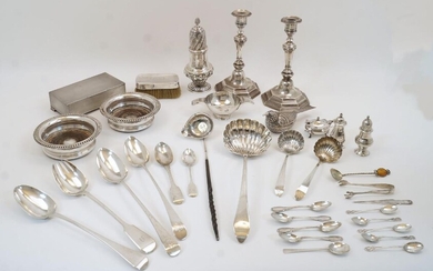 A group of silver, to include: a George III ladle, London, 1814, JC, with scalloped bowl, 32cm long; a Victorian fiddle pattern salad server, London, 1849, Joseph & Albert Savory, 28.5cm long; a George III Old English pattern serving spoon, London...