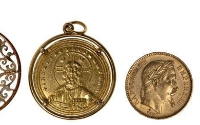 A group of three gold coins and a religious pendant, comprising: A Napoleon III 20 Francs, 1866; Austria one Ducat, 1915; a pendant mounted Byzantine gold Nomisma, Basil II; and a medallion depicting the Madonna and infant Christ, with pierced and...