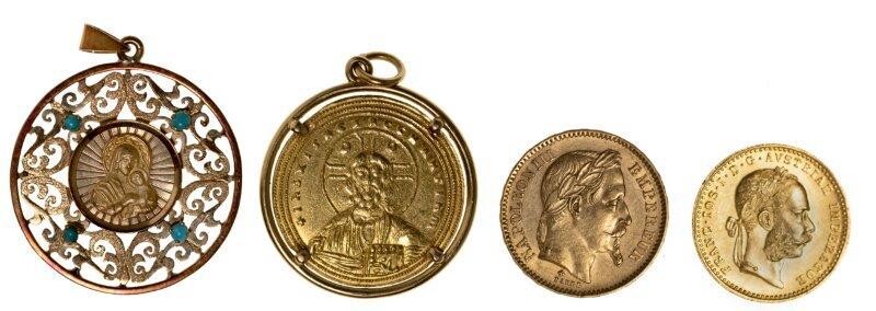 A group of three gold coins and a religious pendant, comprising: A Napoleon III 20 Francs, 1866; Austria one Ducat, 1915; a pendant mounted Byzantine gold Nomisma, Basil II; and a medallion depicting the Madonna and infant Christ, with pierced and...