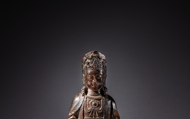 A lacquer-gilt bronze figure of Avalokiteshvara, Late Ming - early Qing dynasty, 17th century | 明末至清初十七世紀 漆金銅觀音菩薩坐像