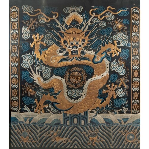 A large Chinese imperial gold thread-embroidered silk 'drago...
