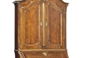 A large Danish Rococo giltwood and walnut bureau cabinet, mid-18th century with later cabinet and base. H. 290 cm. W. 140 cm. D. 70 cm.