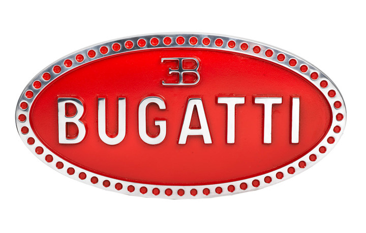 A painted cast aluminium sign depicting the Bugatti emblem