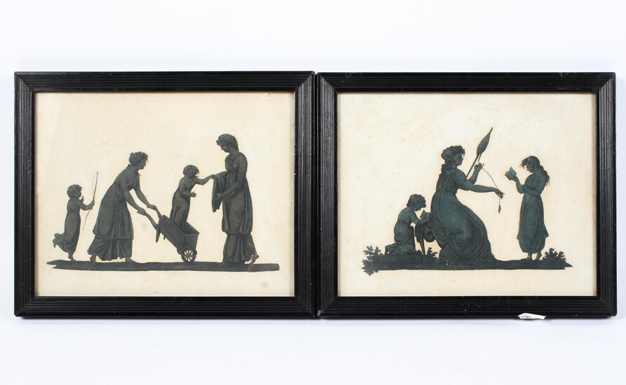 A pair of 19th century silhouttes of women and children in Regency dress