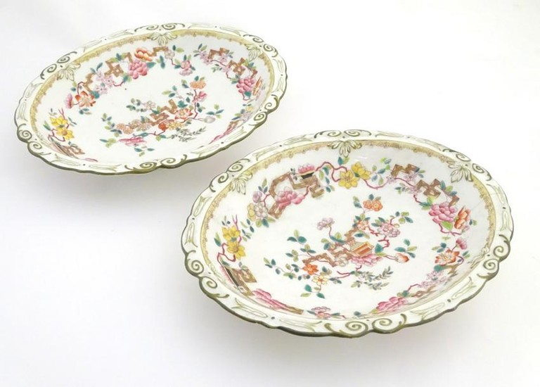A pair of 19thC oval dishes with hand painted