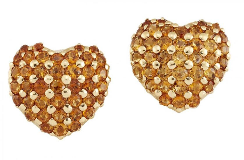 A pair of citrine heart earrings, of...