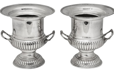 A pair of early 20th century silver plated on copper wine coolers