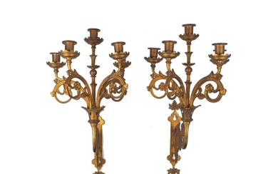 A pair of gilt-bronze five-light wall appliques, first half 20th century, each with scrolling foliate bracket supporting conforming branches, 24cm high (2)
